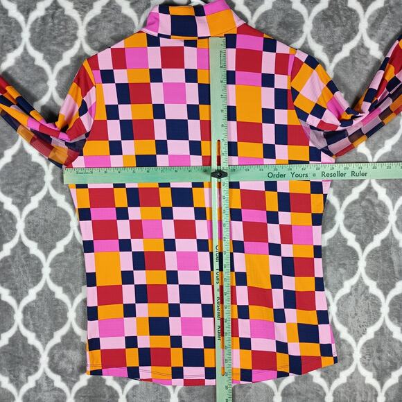 IBKUL Shirt Womens Medium Pink Orange Check UPF 50+ Long Sleeve Golf Mock Neck - Picture 4 of 8